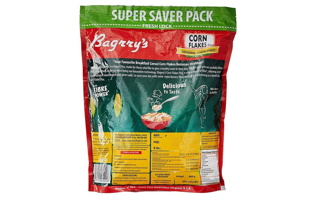 Bagrry's Corn Flakes Plus Original & Healthier   Pack  880 grams